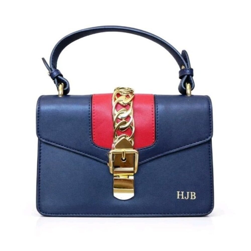 Danbury Mint Daphne Navy Red Colorblock Purse Gold Chain Web Buckle Top Handle